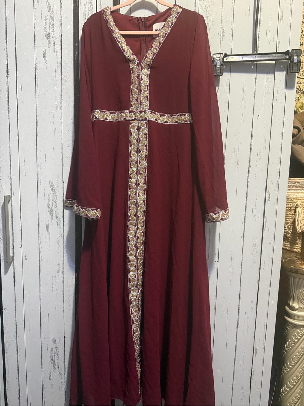 Alpine Maroon Maxi Dress with Gold Trim